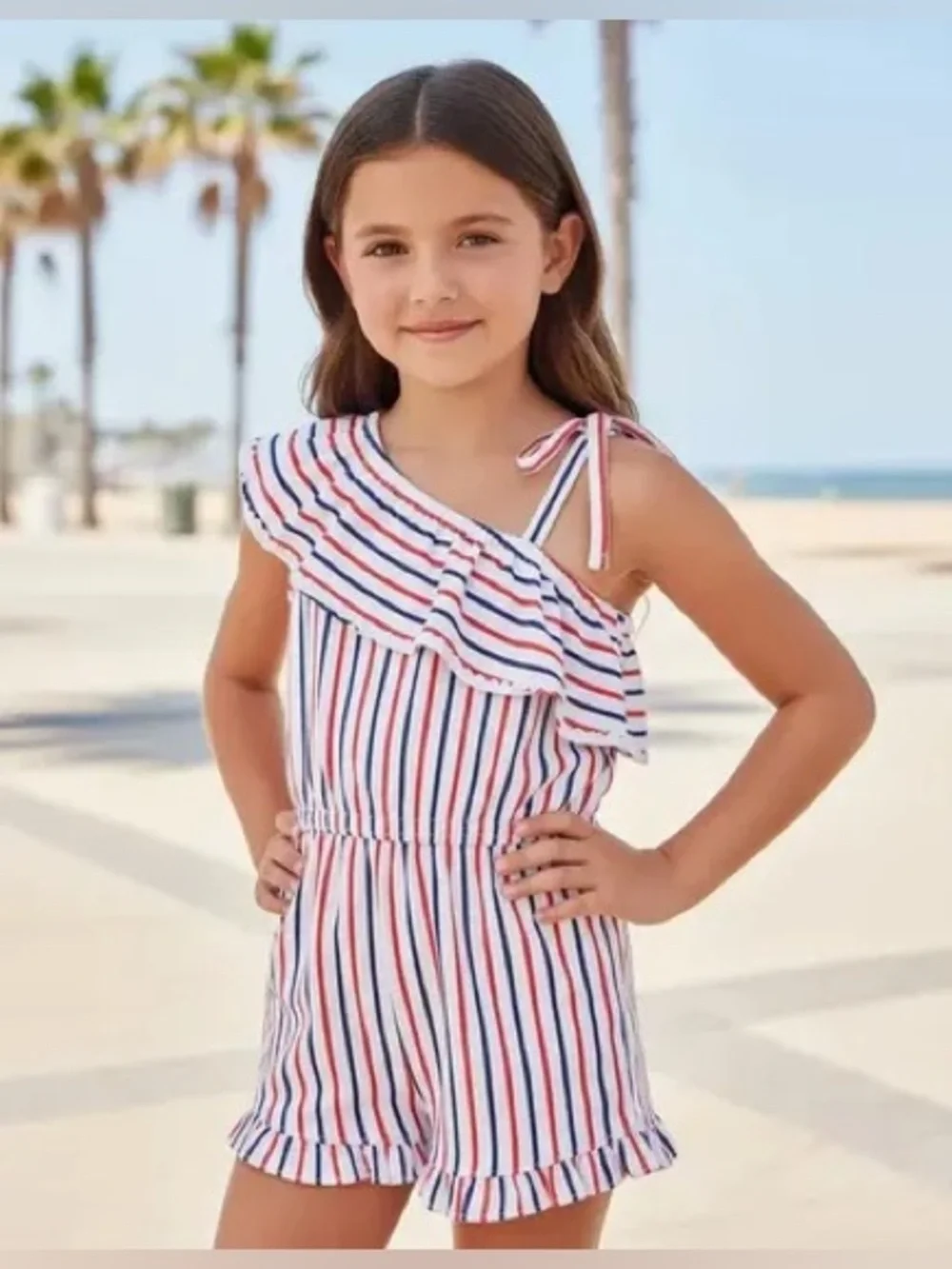 Janie & Jack Red White & Blue Striped Ruffle Romper, Size 8